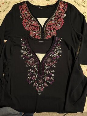 Pair Black Long-Sleeve Embroidered V-Neck Top - Black with Pink & Purple Accents